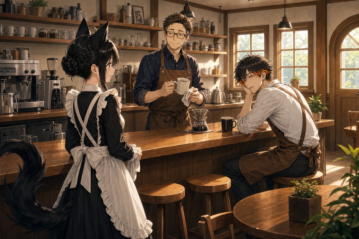 WiseOwlCafeのカウンター。ナナ、マスター、エリオの三人。